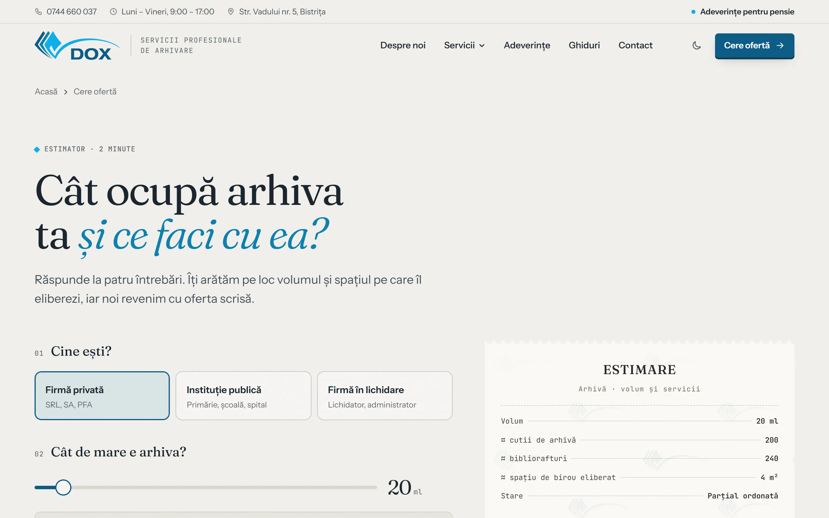 Estimatorul de ofertă pentru arhivare