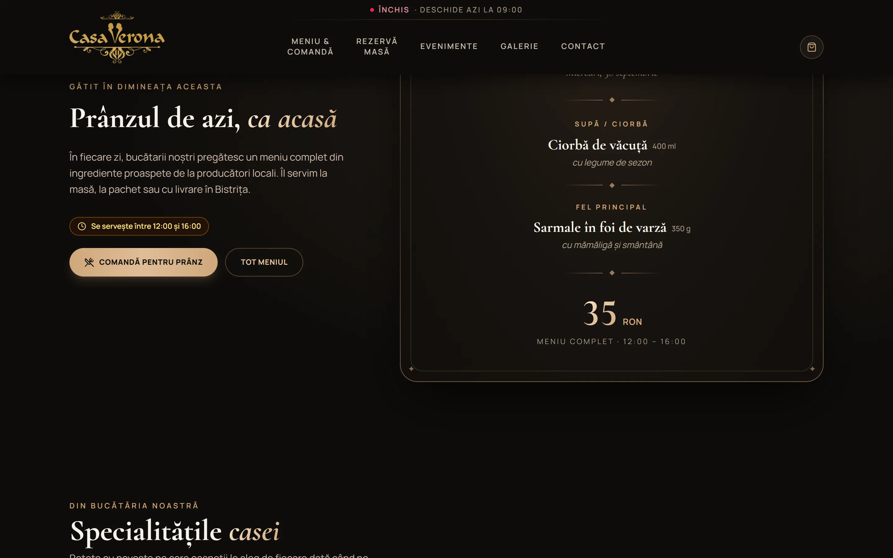 Meniul zilei pe prima pagină, comandabil în intervalul de servire