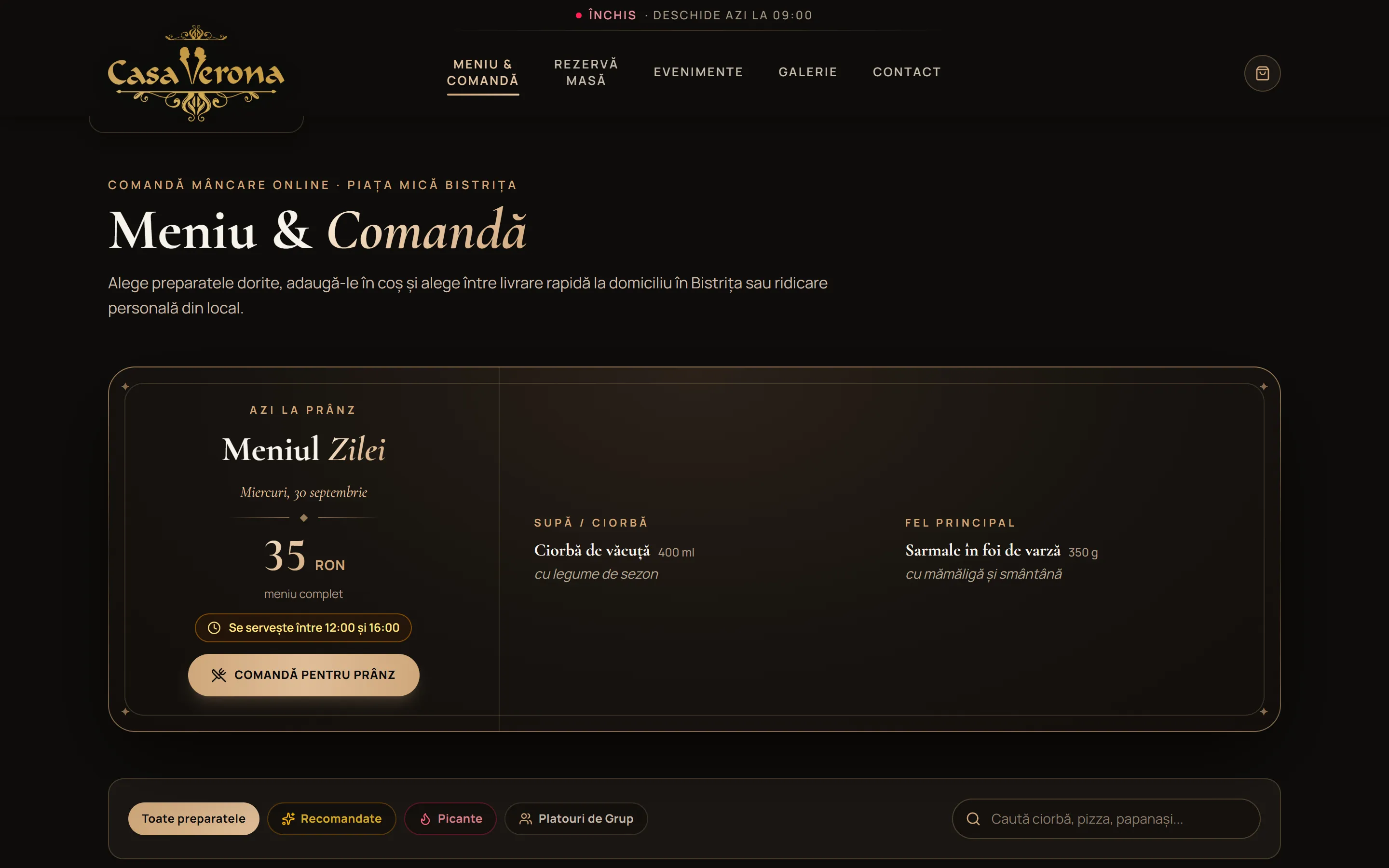 Meniul cu comenzi online: categorii, preparate și adăugare în coș