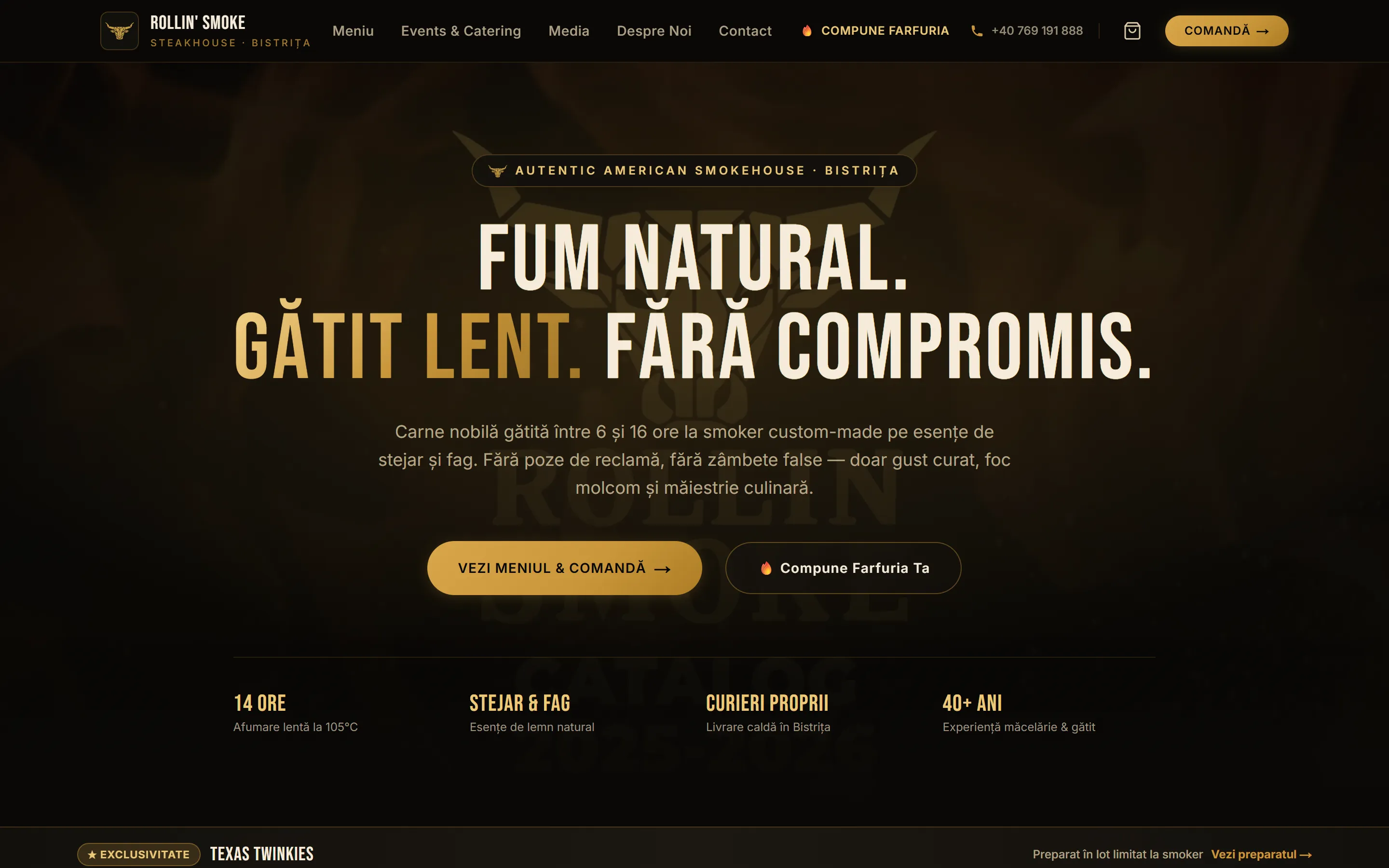 Rollin’ Smoke: hero „Fum natural. Gătit lent. Fără compromis.”