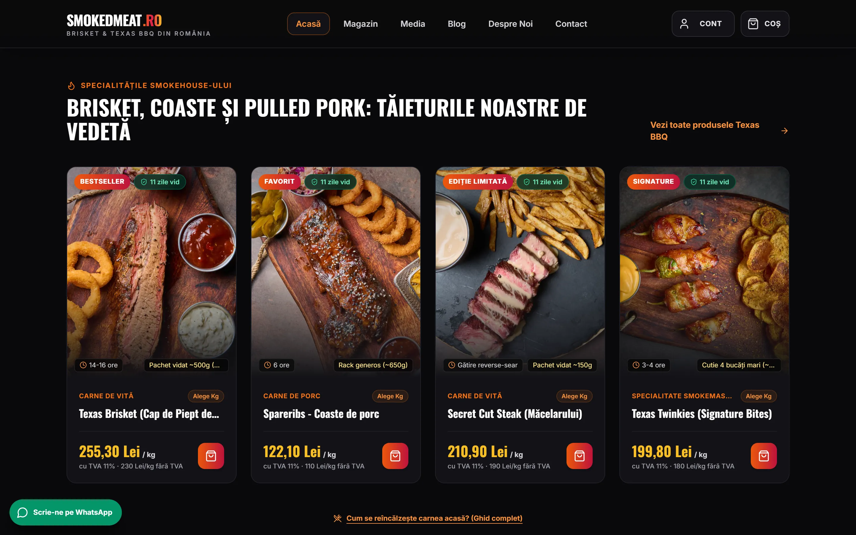 Secțiunea cu tăieturile vedetă: brisket, coaste și pulled pork