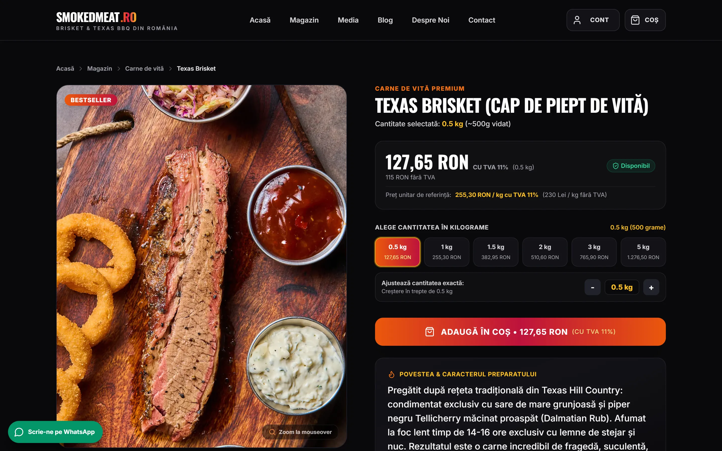 Pagina de produs pentru brisket, cu galerie, variante de gramaj și adăugare în coș