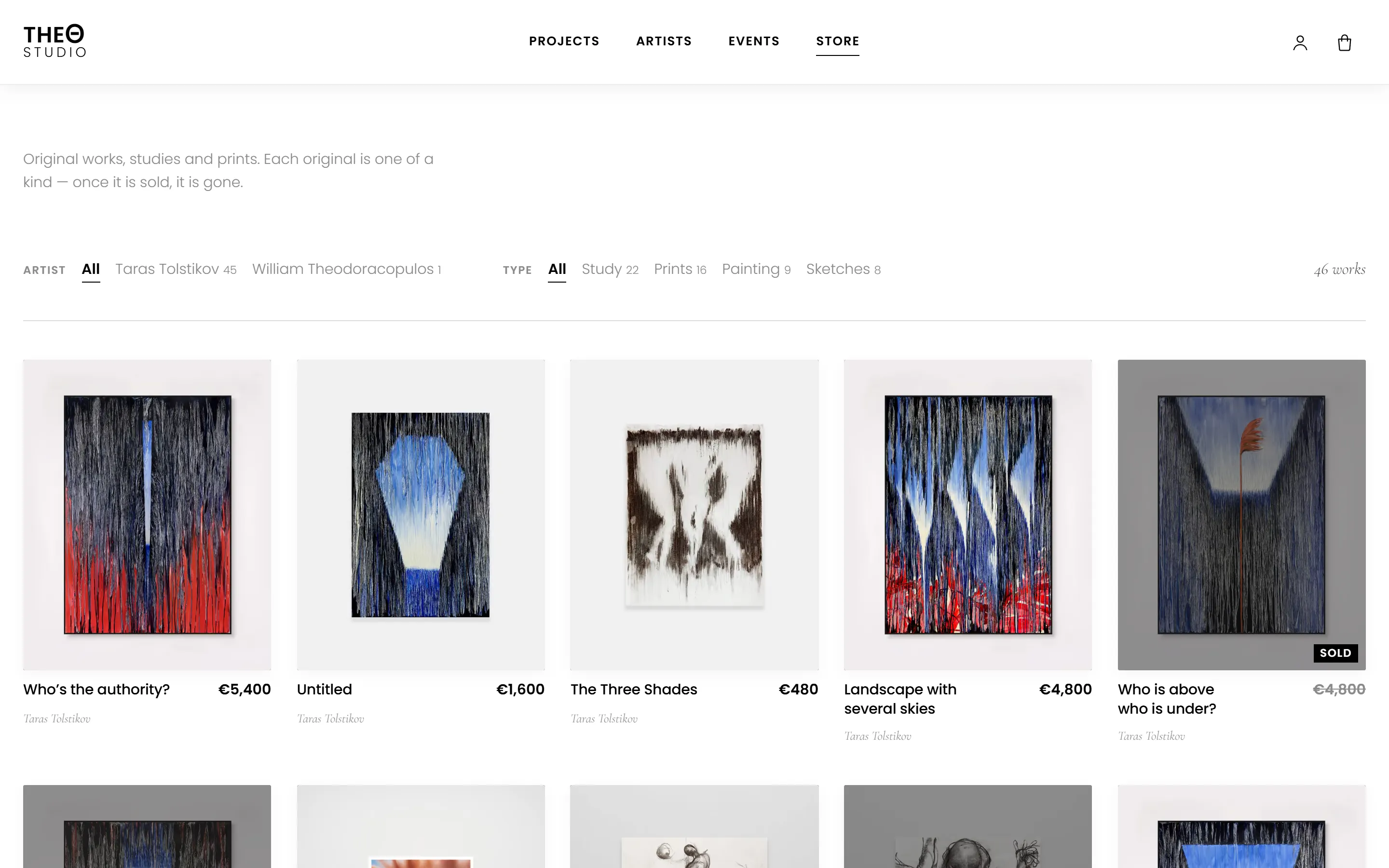 Magazinul: lucrări recomandate și filtre după artist și tip
